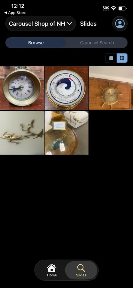 A client's view of a shop in the Carousel Shop AI iPhone app, showing only the five items shared with them: three brass clocks and two brass pieces.
