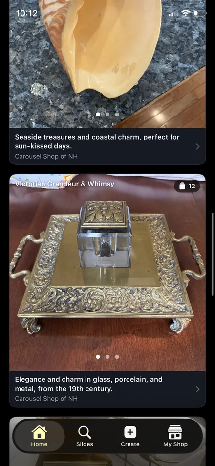 A Victorian Grandeur and Whimsy collection in the Carousel Shop AI home feed, described as elegance and charm in glass, porcelain and metal from the 19th century, with twelve items.