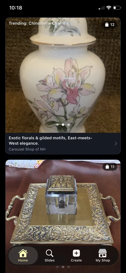 A Trending Chinoiserie Charm collection in the Carousel Shop AI home feed, described as exotic florals and gilded motifs with East meets West elegance, with twelve items.