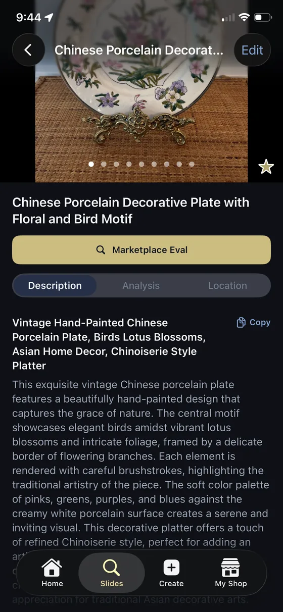 An item in the Carousel Shop AI iPhone app showing the AI-generated marketplace listing title and full description, with a one-tap copy button.
