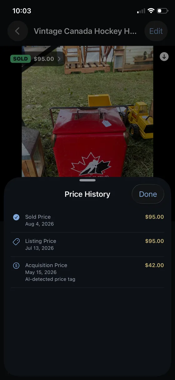 The price history sheet in the Carousel Shop AI iPhone app for a vintage Canada Hockey cooler: acquisition price of $42.00 on 15 May 2026 marked AI-detected price tag, listing price of $95.00 on 13 July, and sold price of $95.00 on 4 August.